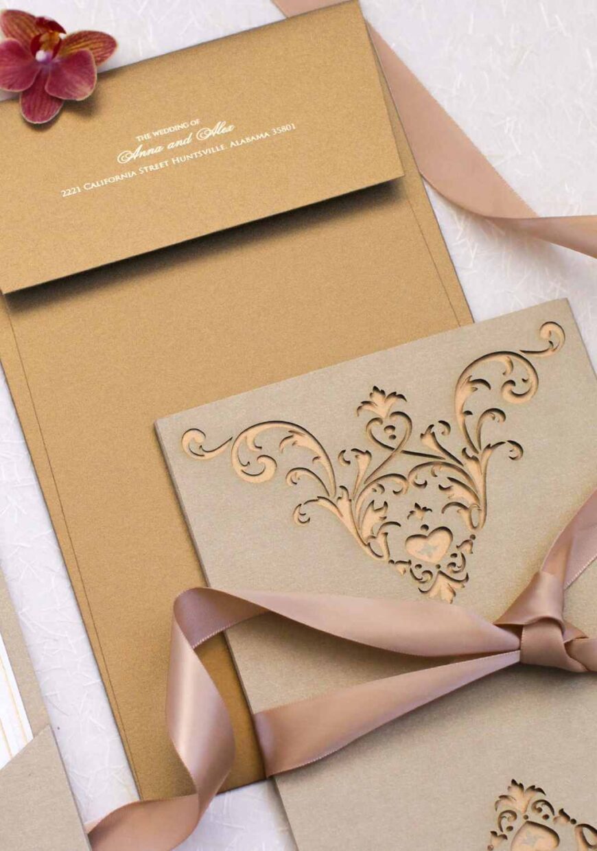 image of lasercut wedding invitation holder with ribbon