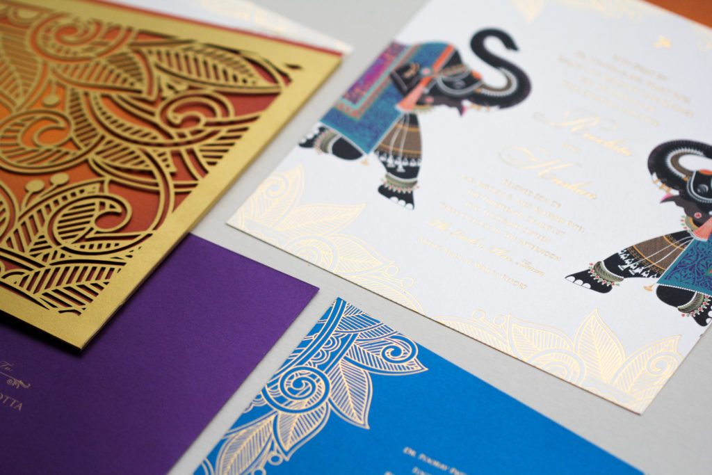 image of high end laser cut wedding invitations with Indian elephant
