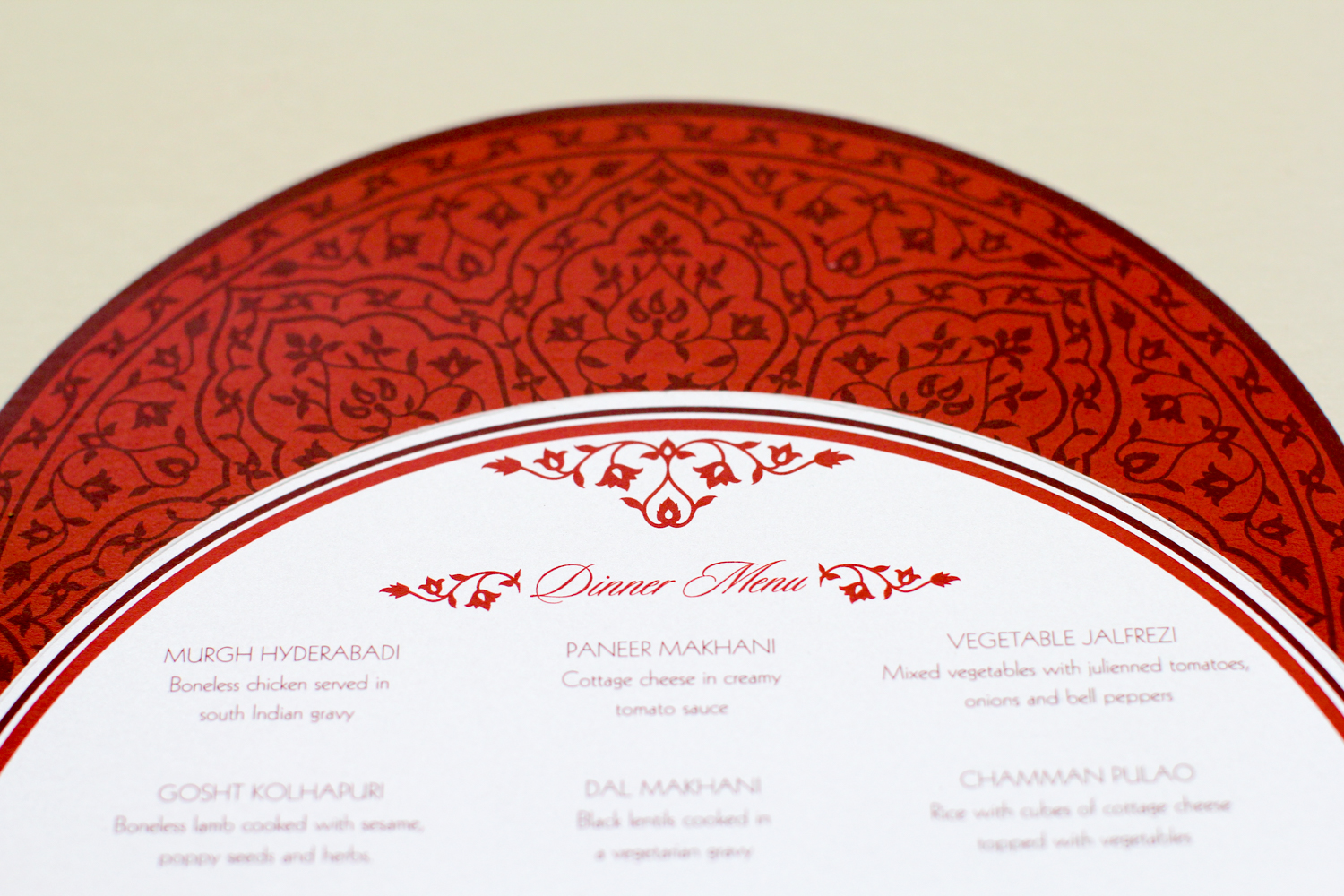circular menu card with mehndi pattern