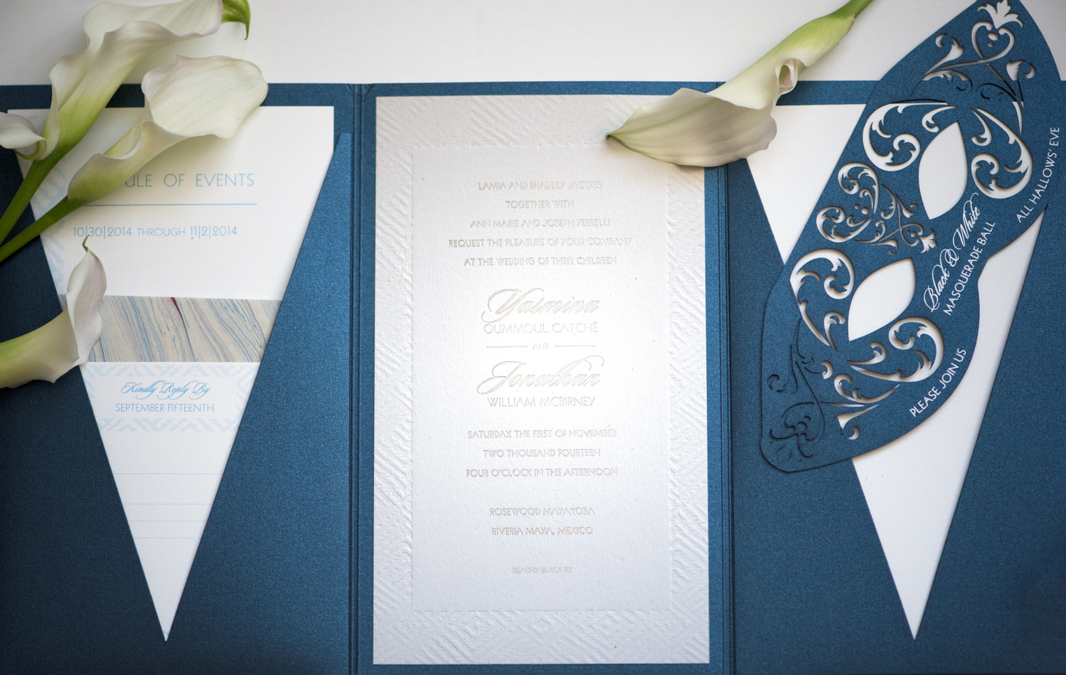 deep blue shimmer tuxedo cut folio, mayan inspired design