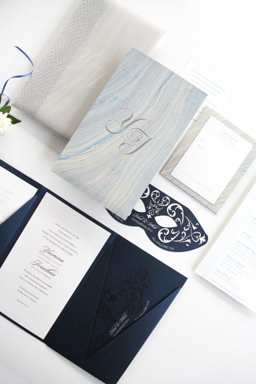 ocean inspired folio with silver foil and laser cut mask