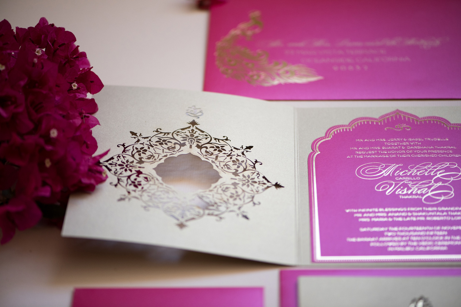 Malibu Rocky Oaks Luxury wedding invitation with Ganesh, laser cut & custom monogram. Invitation design inspired by palaces in india