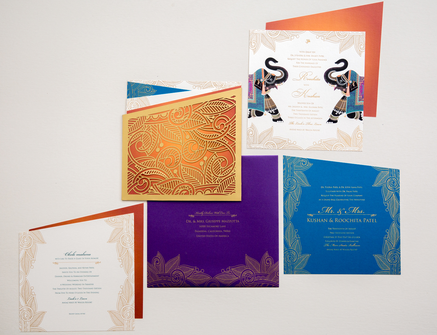 printed purple silk envelope with enclosures and laser cut folio | AZURE