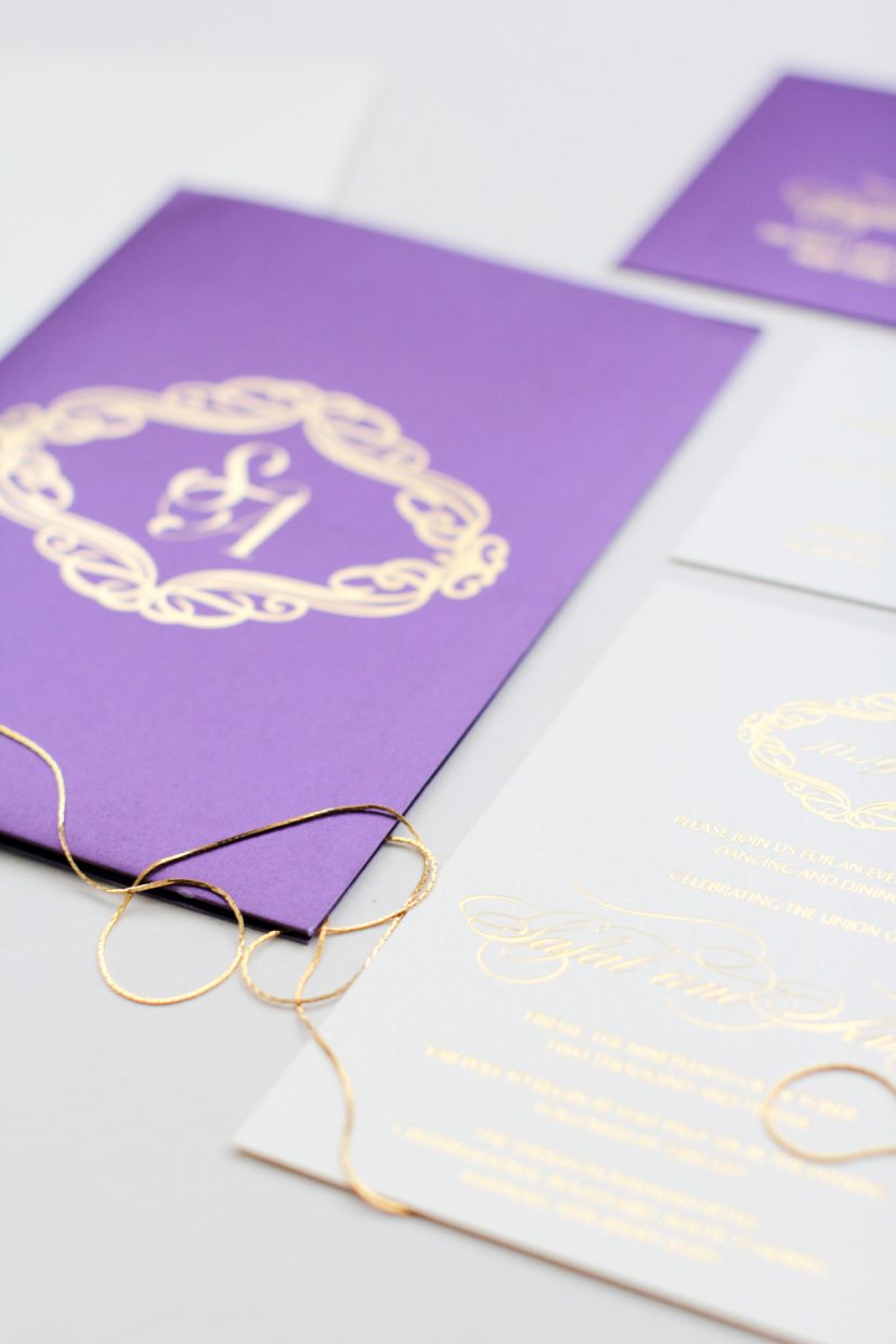 purple silk folio with gold foil pressed