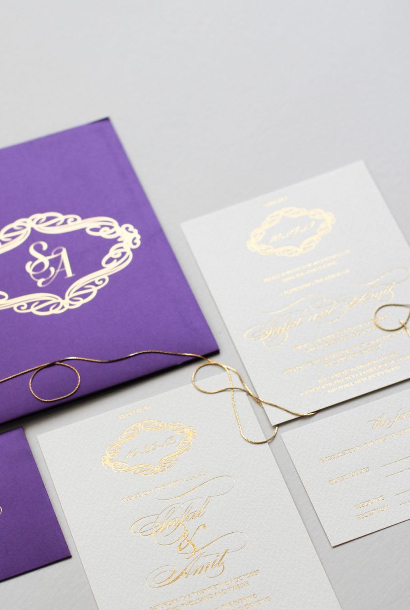 violet invitation with gold