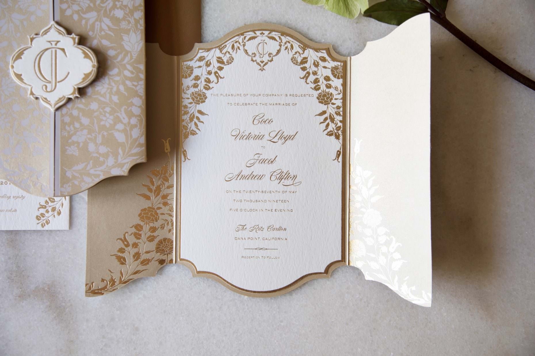 romantic gold foil botanic invitation on thick paper