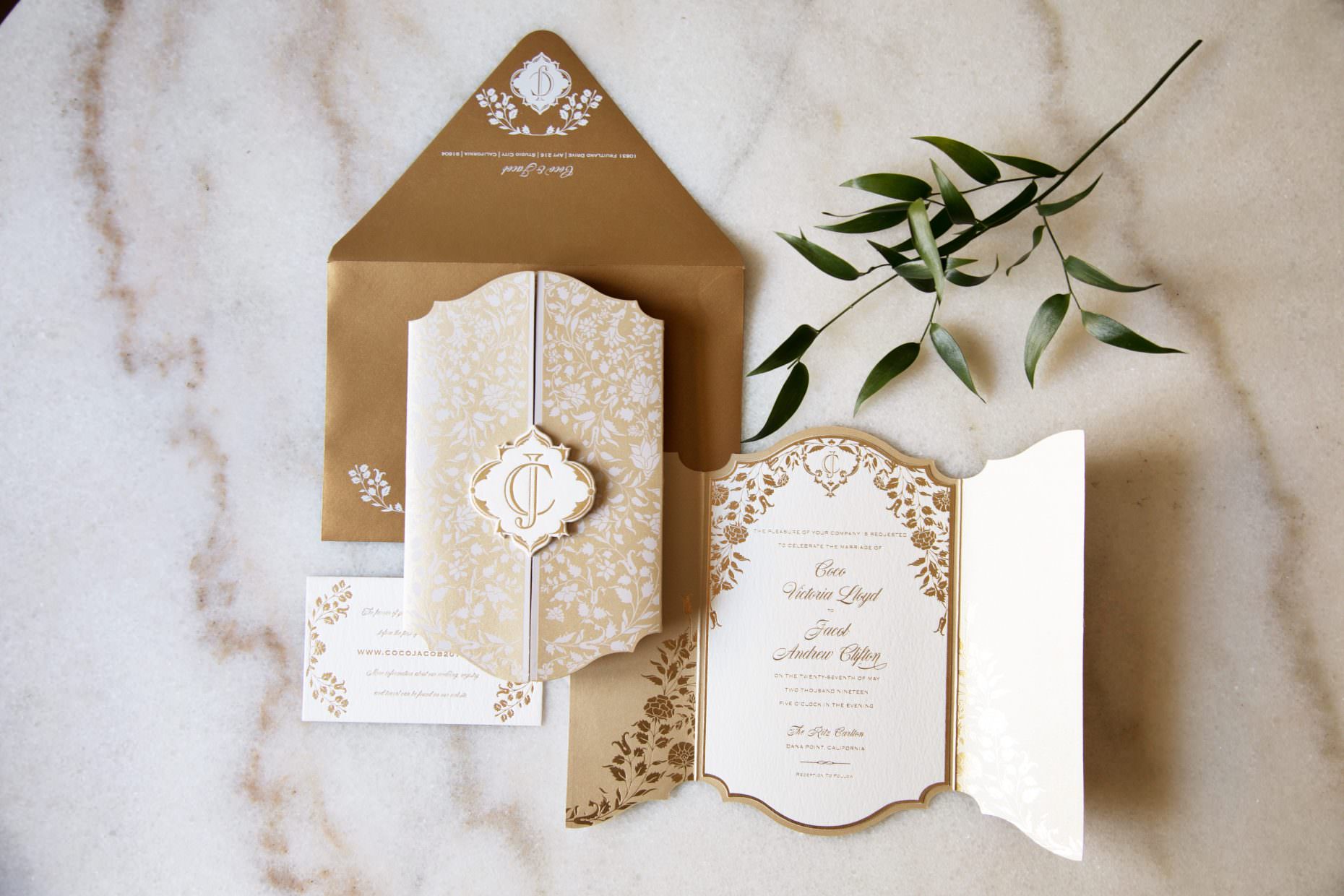 romantic gold foil botanic invitation with neutral colors and white