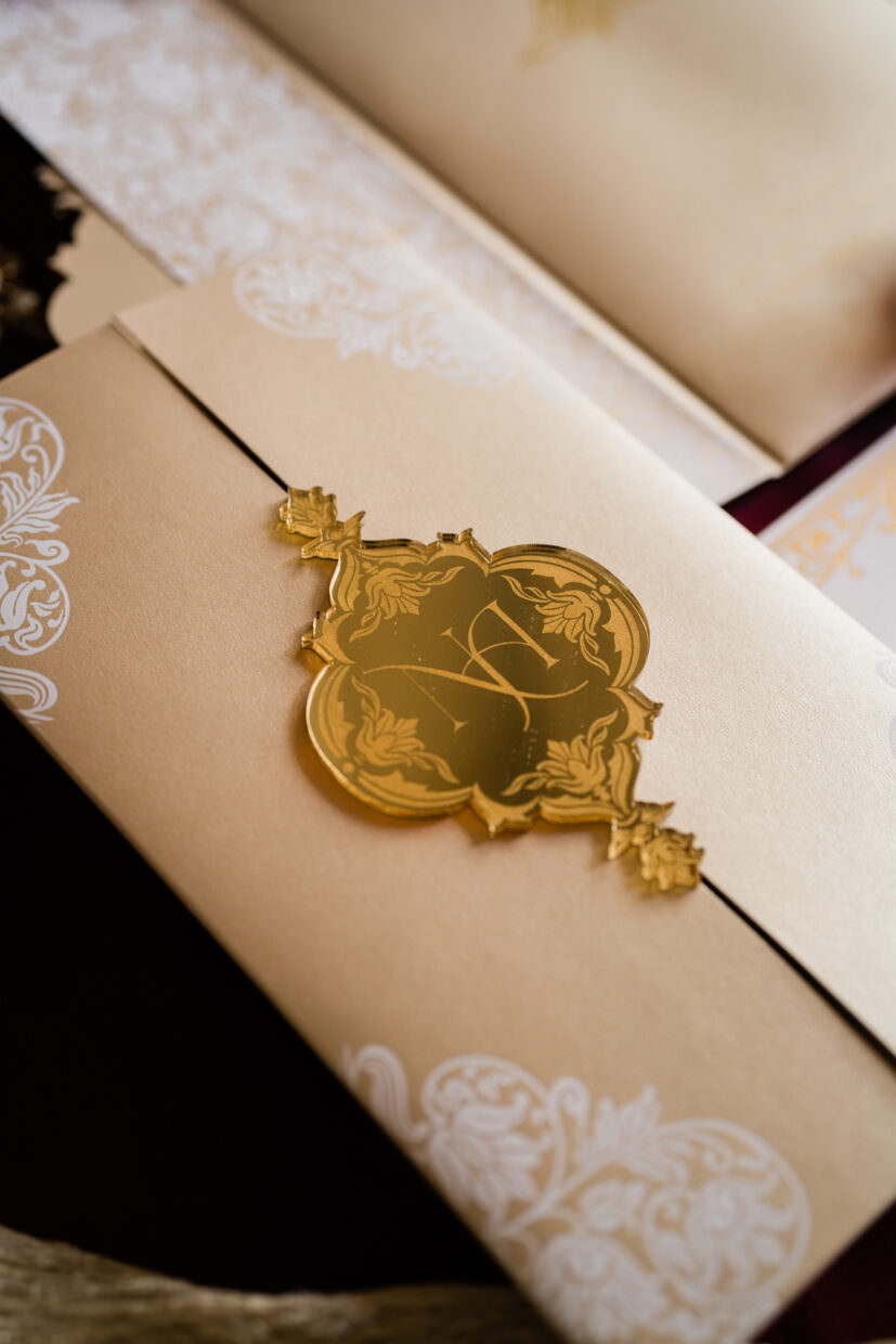 Image of designer wedding invitation with gold mirror acrylic