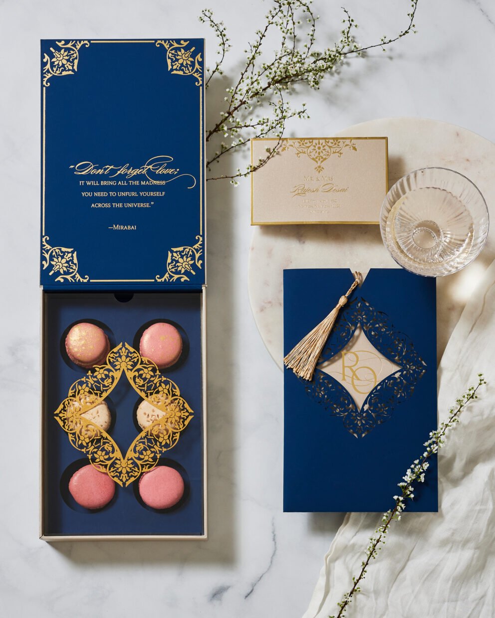 Boked invitations with macarons