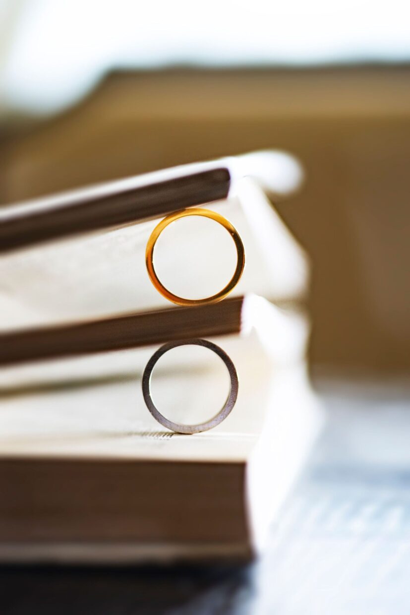 Gold wedding ring in the middle of a book