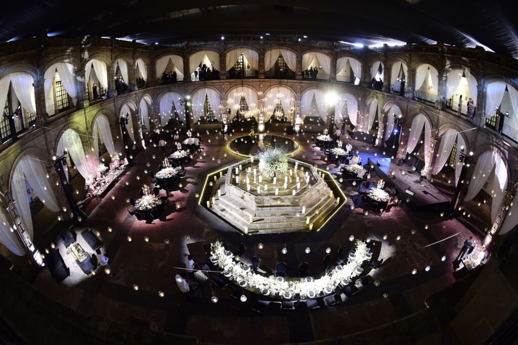 Aerial photo of a wedding reception with candlelight and chandeliers at Ex Convento de San Hipolito