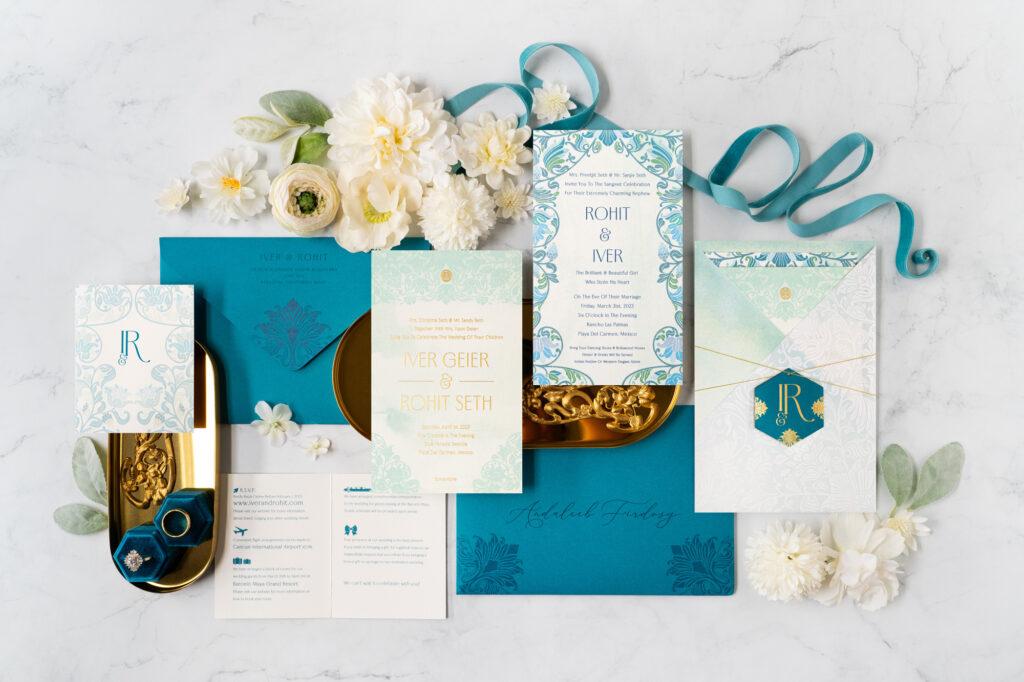 luxury floral Invitation suite with pocket and multiple event cards in gold foil and letterpress
