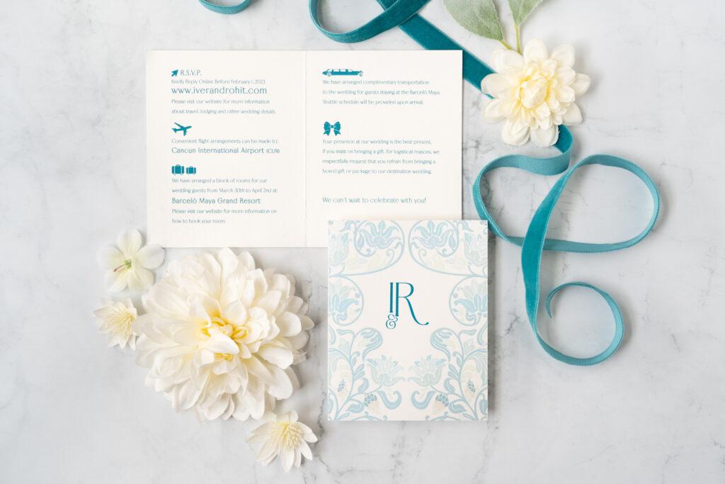 photo of custom designed Wedding Information Details card with icons for each section