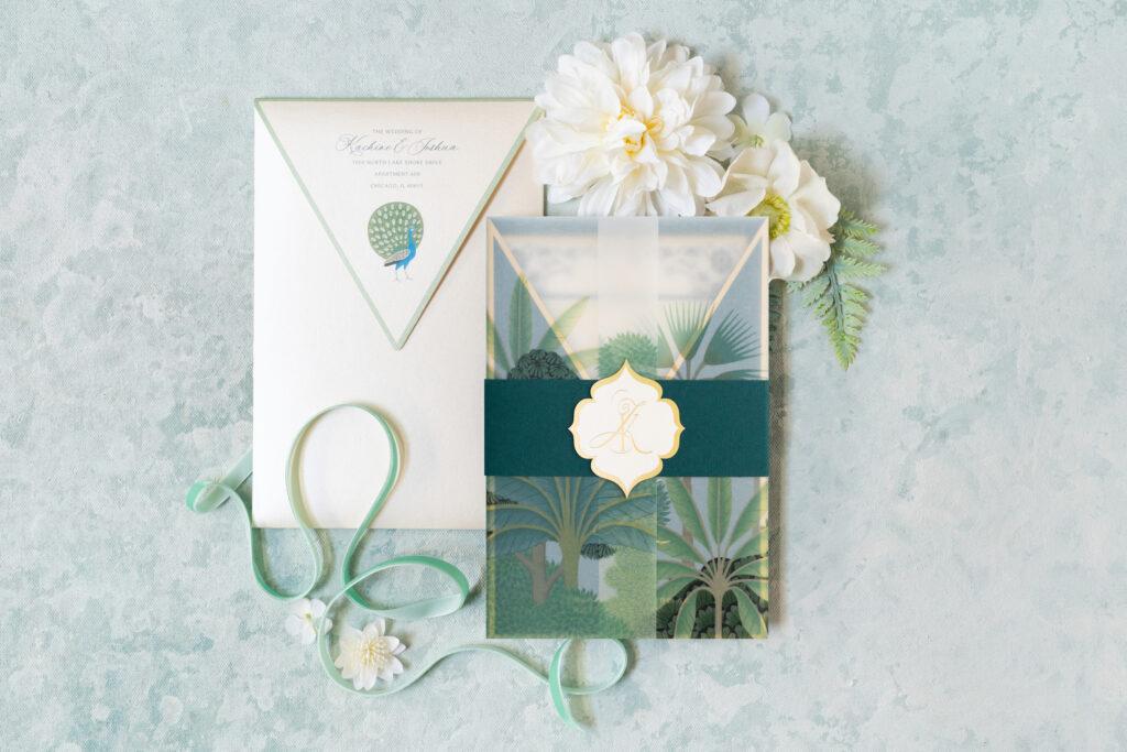printed custom envelope on shimmer metallic paper with guest addressing and design