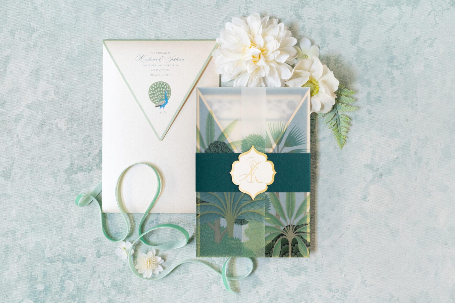 printed custom envelope on shimmer metallic paper with guest addressing and design
